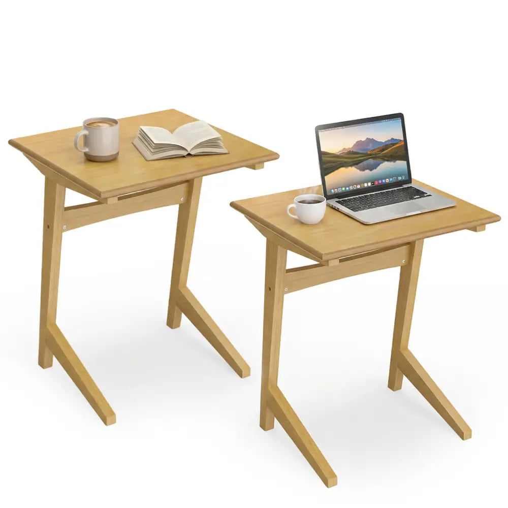 Set of 2 Wood Sofa Side Table C-shaped End Table with Wood Veneered Top - Natural - End & Side Tables