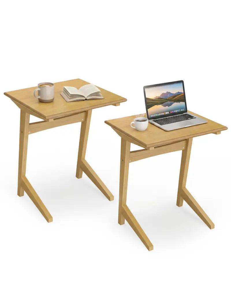 Set of 2 Wood Sofa Side Table C-shaped End Table with Wood Veneered Top - Natural - End & Side Tables