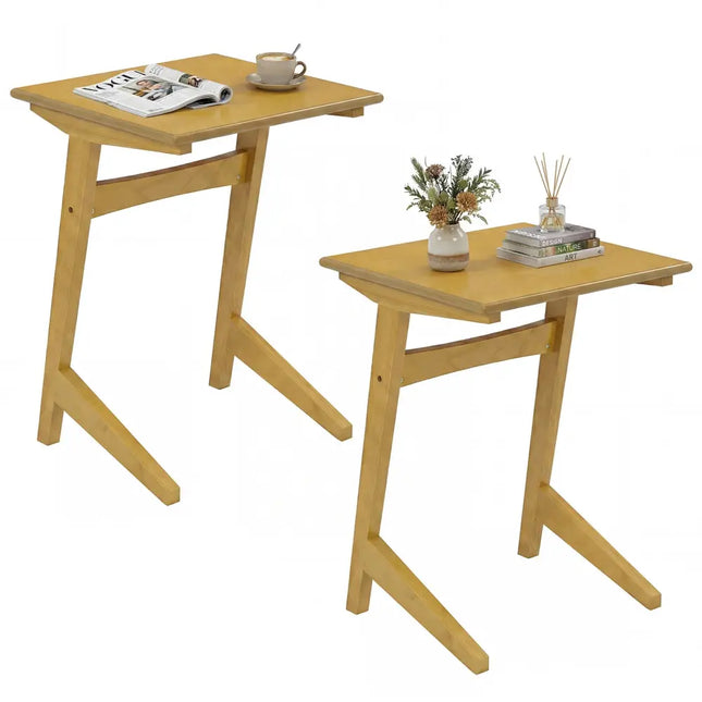 Set of 2 Wood Sofa Side Table C-shaped End Table with Wood Veneered Top - Natural - End & Side Tables