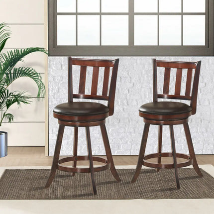 Set of 2 Wood Swivel Counter Height Dining Pub Bar Stools with PVC Cushioned Seat-25 Inch - Brown - Bar Stools