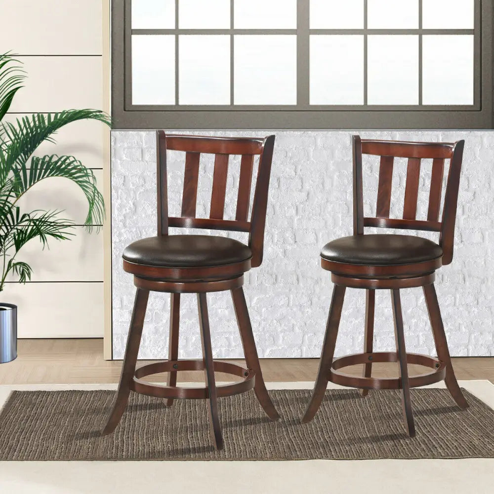 Set of 2 Wood Swivel Counter Height Dining Pub Bar Stools with PVC Cushioned Seat-25 Inch - Brown - Bar Stools