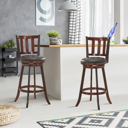 Set of 2 Wood Swivel Counter Height Dining Pub Bar Stools with PVC Cushioned Seat-29 Inch - Brown - Bar Stools