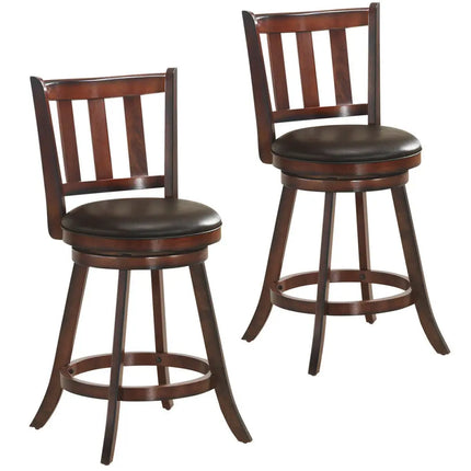 Set of 2 Wood Swivel Counter Height Dining Pub Bar Stools with PVC Cushioned Seat-25 Inch - Brown - Bar Stools