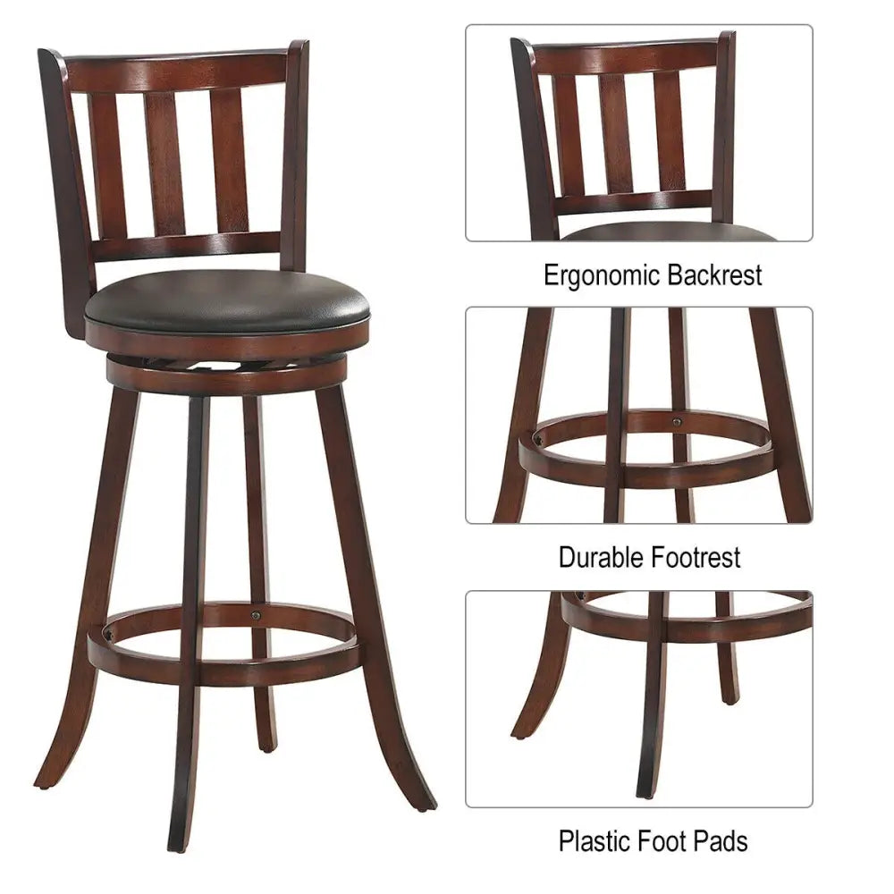 Set of 2 Wood Swivel Counter Height Dining Pub Bar Stools with PVC Cushioned Seat-29 Inch - Brown - Bar Stools