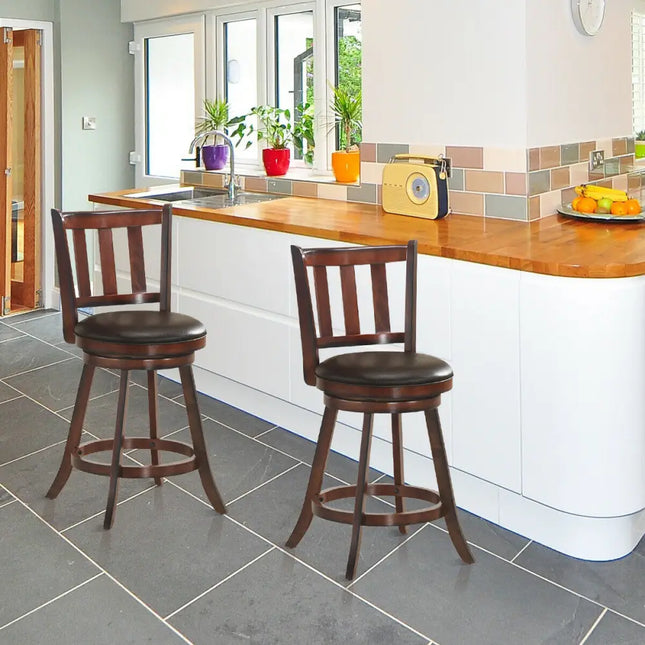 Set of 2 Wood Swivel Counter Height Dining Pub Bar Stools with PVC Cushioned Seat-25 Inch - Brown - Bar Stools