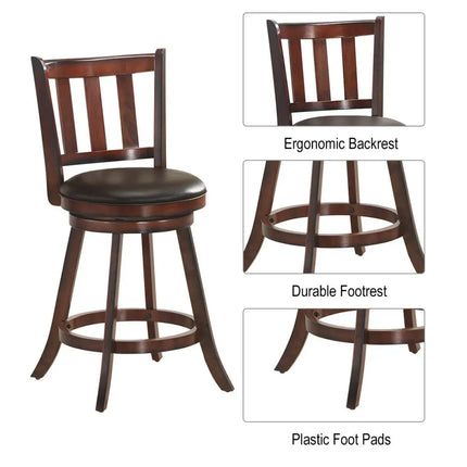 Set of 2 Wood Swivel Counter Height Dining Pub Bar Stools with PVC Cushioned Seat-25 Inch - Brown - Bar Stools