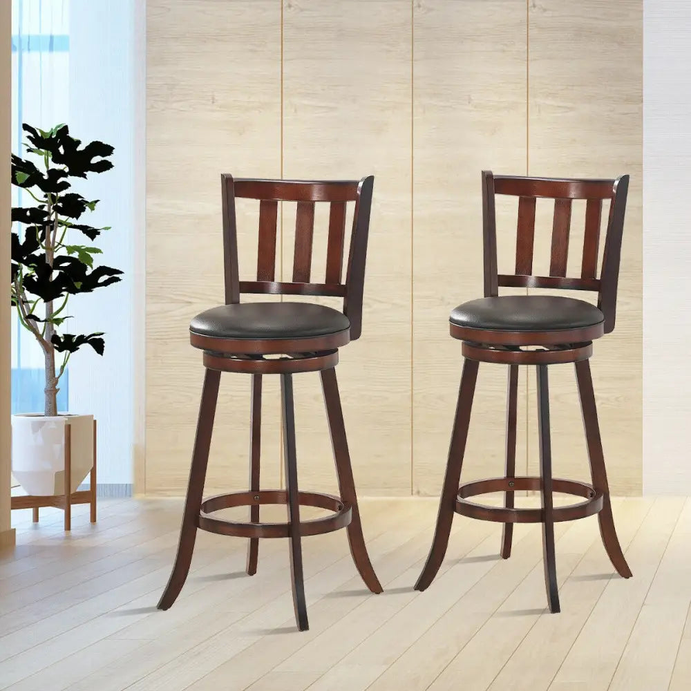 Set of 2 Wood Swivel Counter Height Dining Pub Bar Stools with PVC Cushioned Seat-29 Inch - Brown - Bar Stools