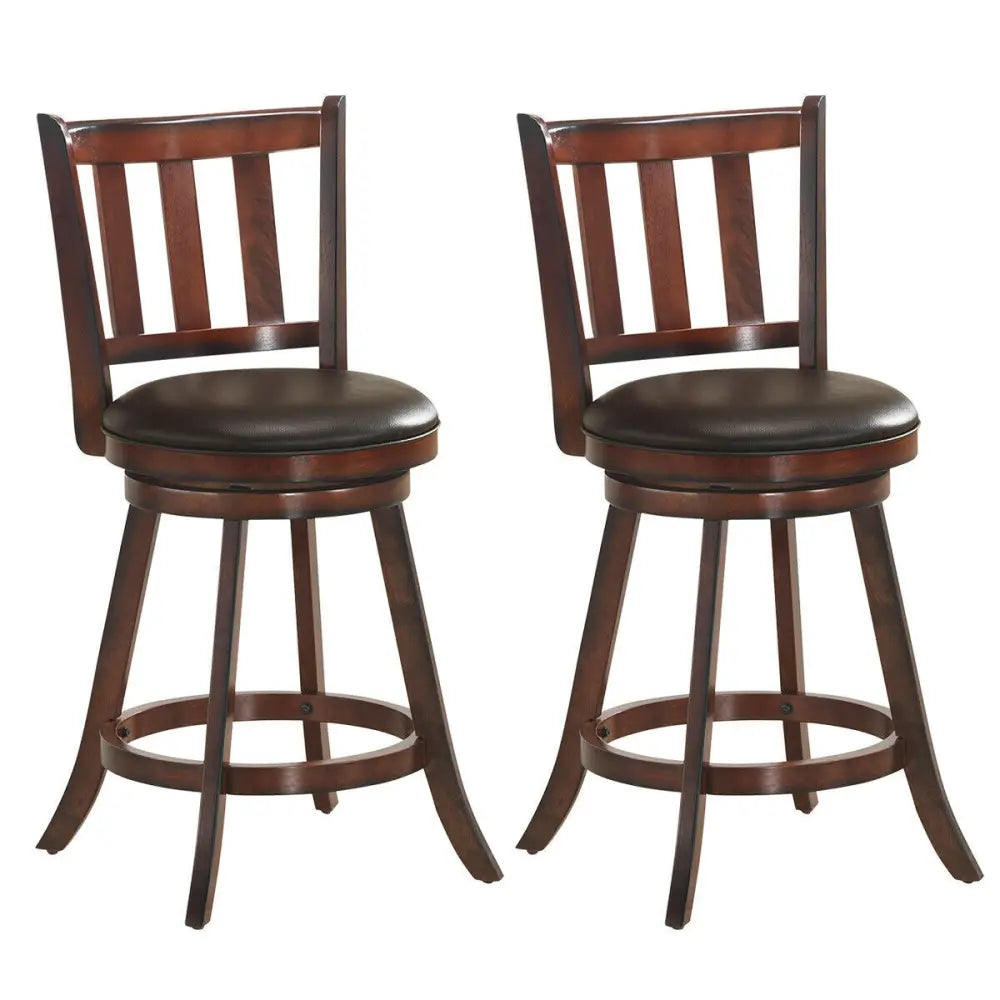 Set of 2 Wood Swivel Counter Height Dining Pub Bar Stools with PVC Cushioned Seat-25 Inch - Brown - Bar Stools