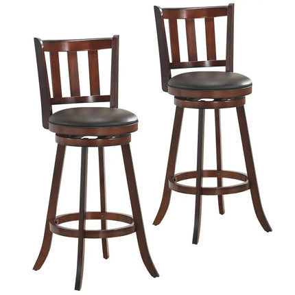 Set of 2 Wood Swivel Counter Height Dining Pub Bar Stools with PVC Cushioned Seat-29 Inch - Brown - Bar Stools