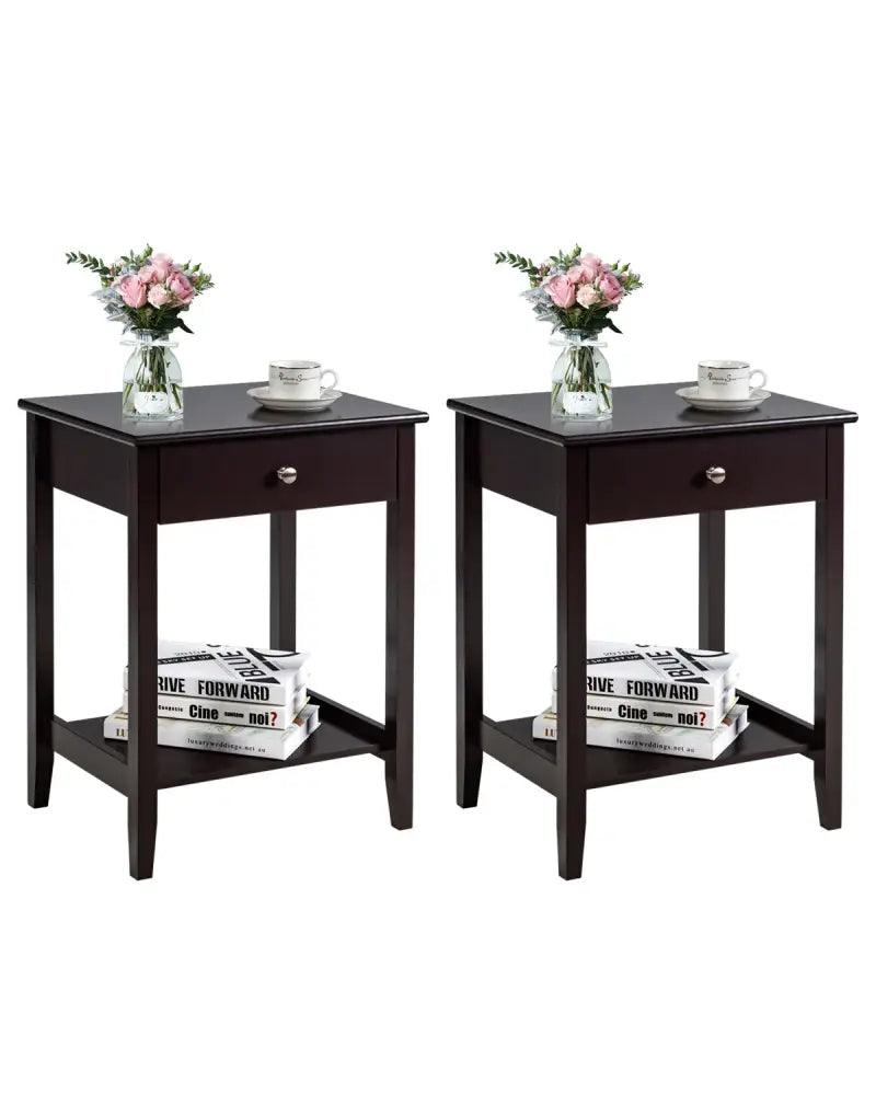 Set of 2 Wooden Bedside Sofa Table-Brown - Brown - End & Side Tables