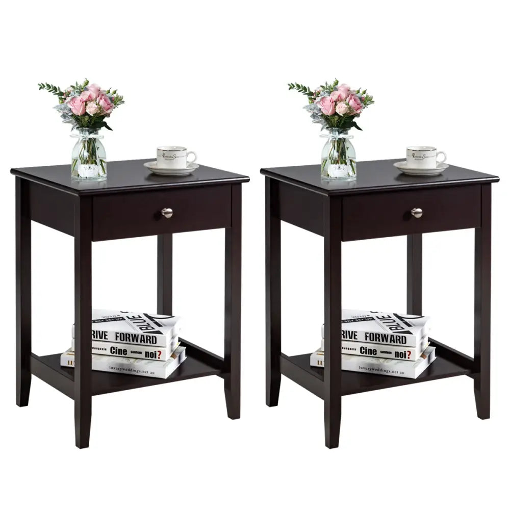 Set of 2 Wooden Bedside Sofa Table-Brown - Brown - End & Side Tables