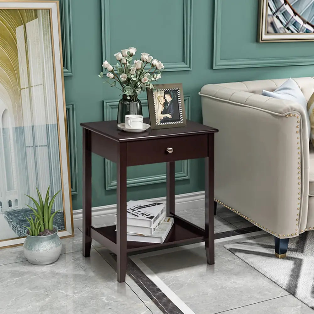 Set of 2 Wooden Bedside Sofa Table-Brown - Brown - End & Side Tables