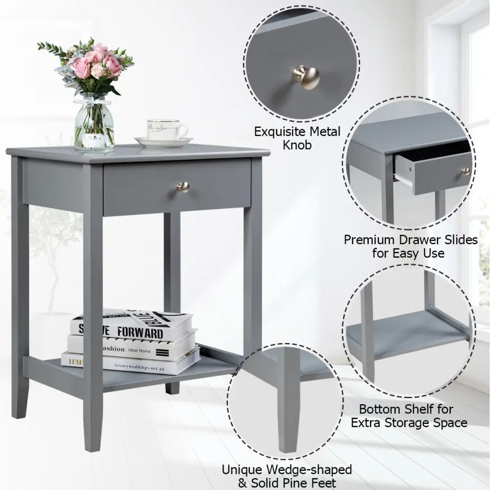 Set of 2 Wooden Bedside Sofa Table-Gray - Gray - End & Side Tables