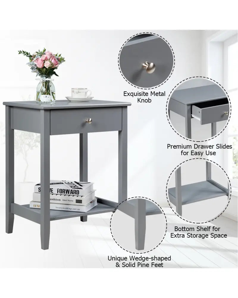 Set of 2 Wooden Bedside Sofa Table-Gray - Gray - End & Side Tables