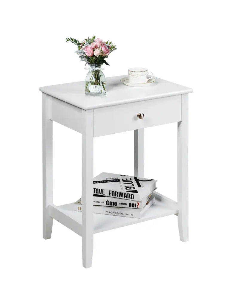 Set of 2 Wooden Bedside Table-White - White - End & Side Tables