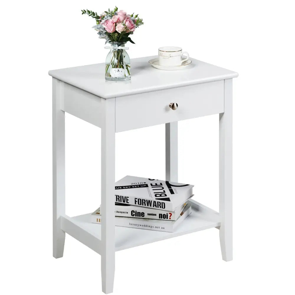 Set of 2 Wooden Bedside Table-White - White - End & Side Tables