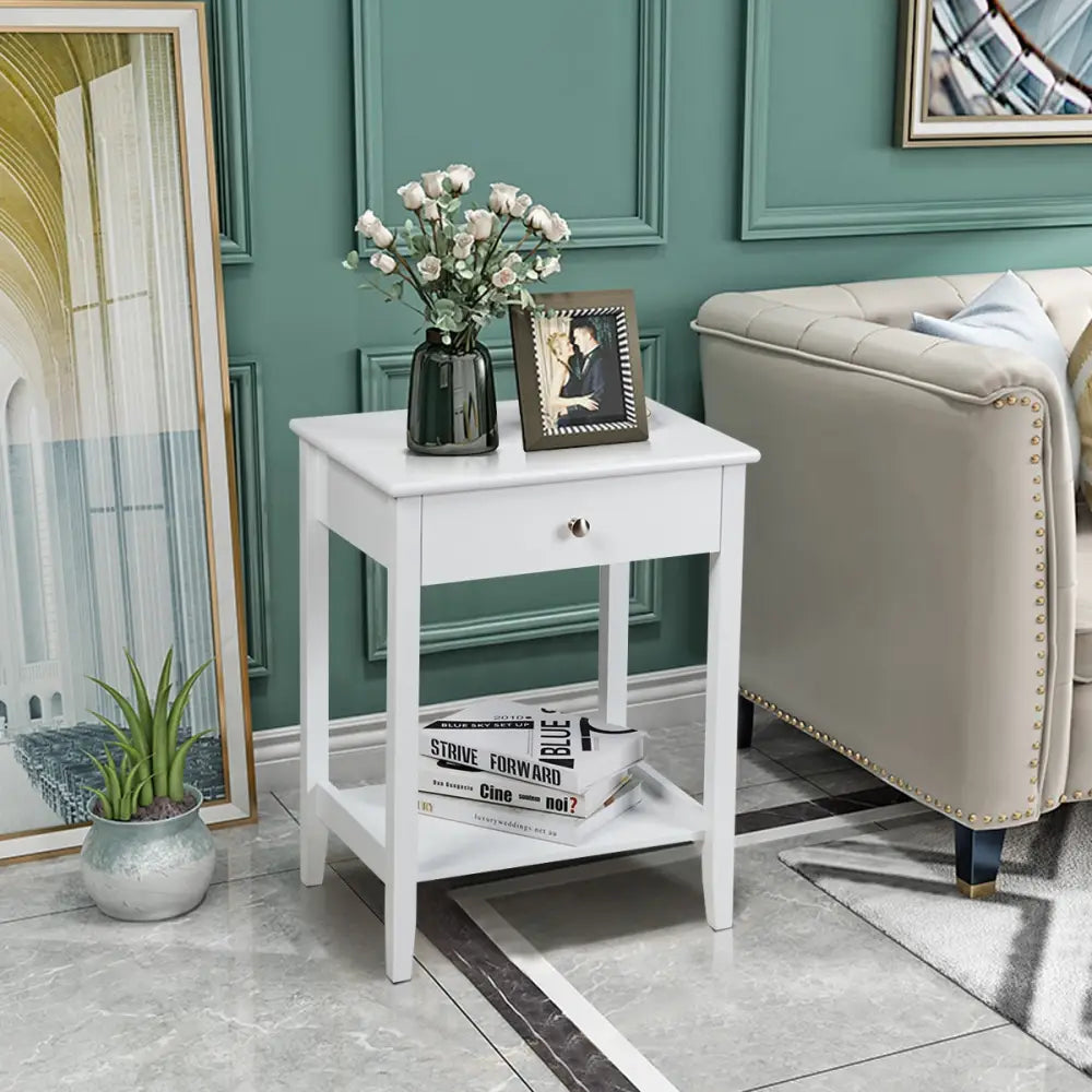 Set of 2 Wooden Bedside Table-White - White - End & Side Tables