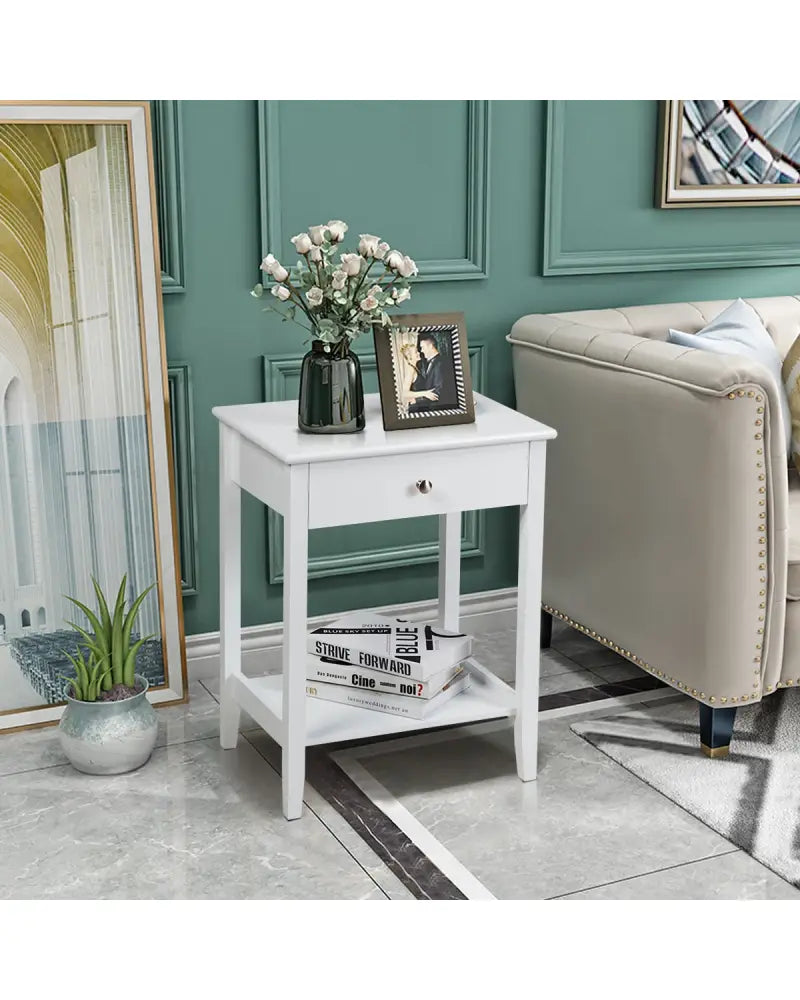 Set of 2 Wooden Bedside Table-White - White - End & Side Tables