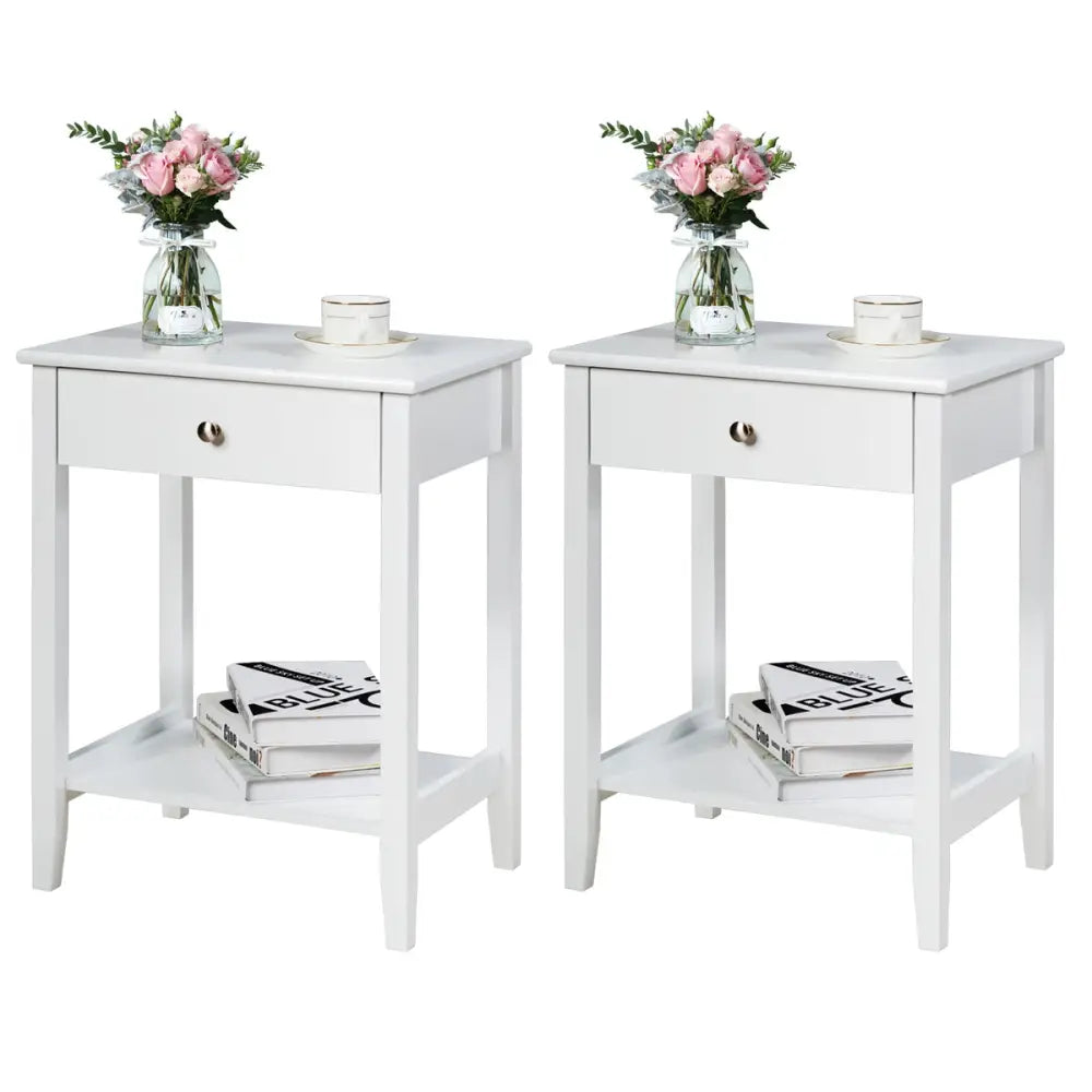 Set of 2 Wooden Bedside Table-White - White - End & Side Tables