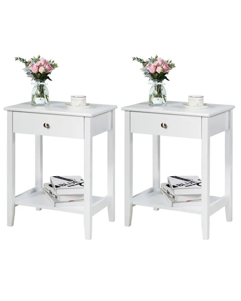 Set of 2 Wooden Bedside Table-White - White - End & Side Tables
