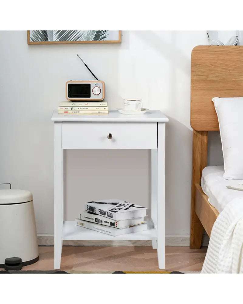 Set of 2 Wooden Bedside Table-White - White - End & Side Tables