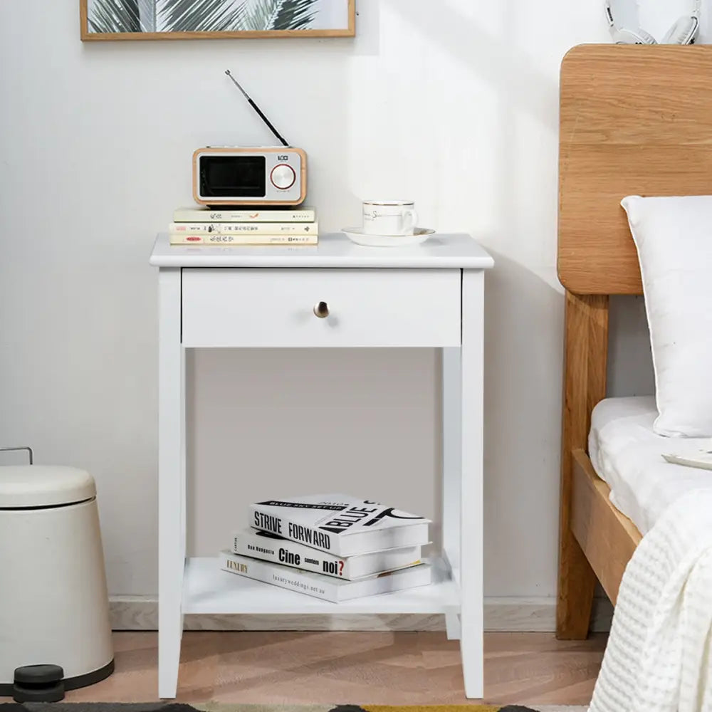 Set of 2 Wooden Bedside Table-White - White - End & Side Tables