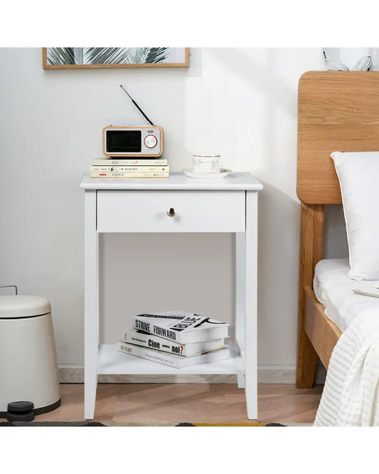Set of 2 Wooden Bedside Table-White - White - End & Side Tables