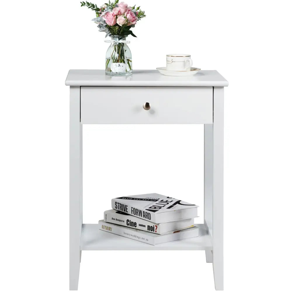 Set of 2 Wooden Bedside Table-White - White - End & Side Tables