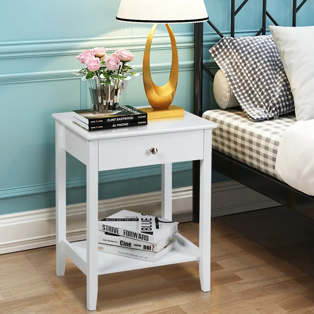 Set of 2 Wooden Bedside Table-White - White - End & Side Tables