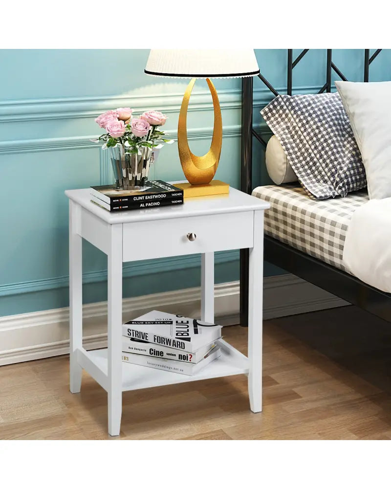 Set of 2 Wooden Bedside Table-White - White - End & Side Tables