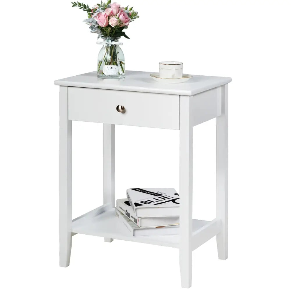 Set of 2 Wooden Bedside Table-White - White - End & Side Tables