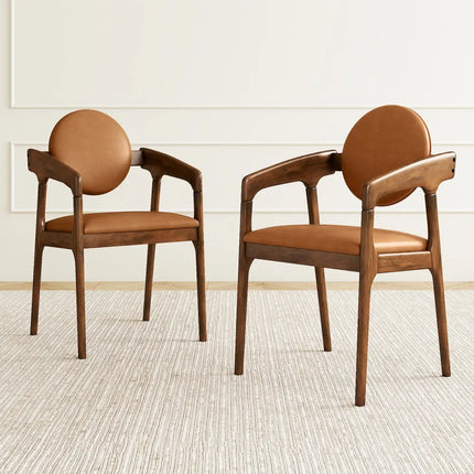Set of 2 Wooden Dining Chair PU Leather Upholstered Armchairs-Brown - Brown - Dining Chairs