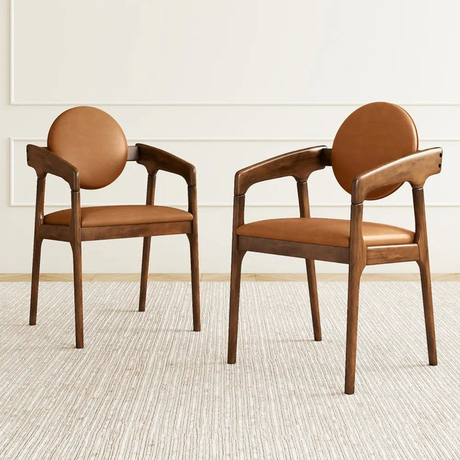 Set of 2 Wooden Dining Chair PU Leather Upholstered Armchairs-Brown - Brown - Dining Chairs
