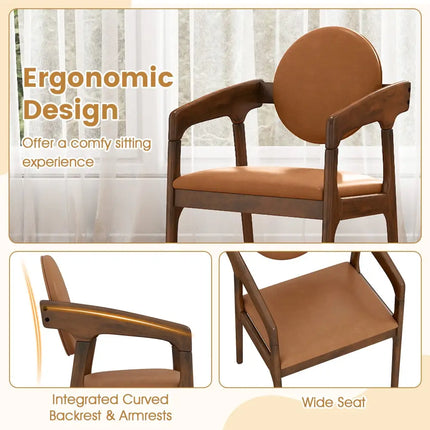 Set of 2 Wooden Dining Chair PU Leather Upholstered Armchairs-Brown - Brown - Dining Chairs