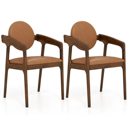 Set of 2 Wooden Dining Chair PU Leather Upholstered Armchairs-Brown - Brown - Dining Chairs