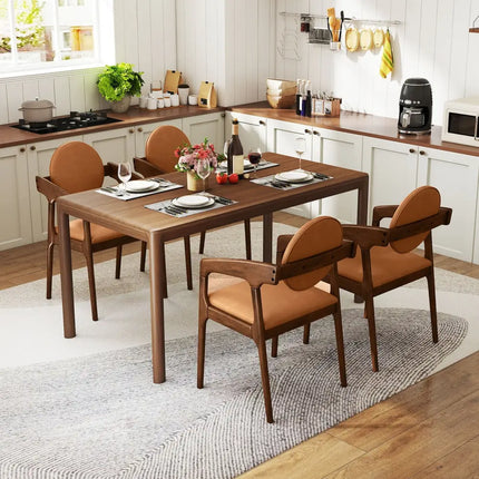 Set of 2 Wooden Dining Chair PU Leather Upholstered Armchairs-Brown - Brown - Dining Chairs