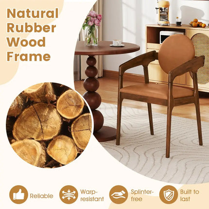 Set of 2 Wooden Dining Chair PU Leather Upholstered Armchairs-Brown - Brown - Dining Chairs