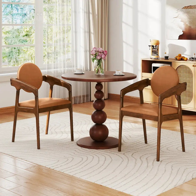 Set of 2 Wooden Dining Chair PU Leather Upholstered Armchairs-Brown - Brown - Dining Chairs