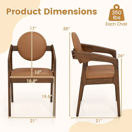 Set of 2 Wooden Dining Chair PU Leather Upholstered Armchairs-Brown - Brown - Dining Chairs