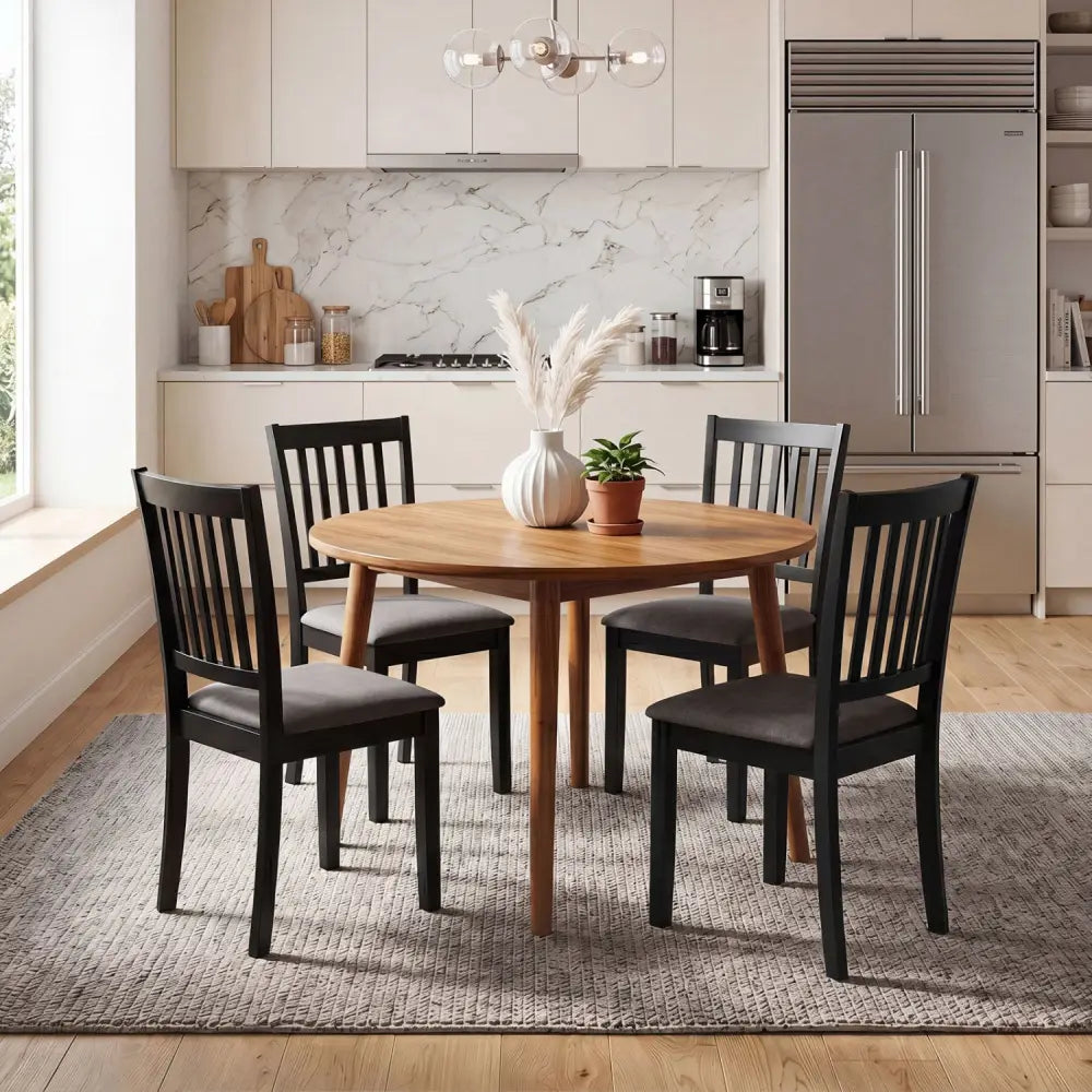 Set of 2 Wooden Dining Chairs Upholstered Kitchen Chairs with Rubber Wood Frame-Black - Black - Dining Chairs