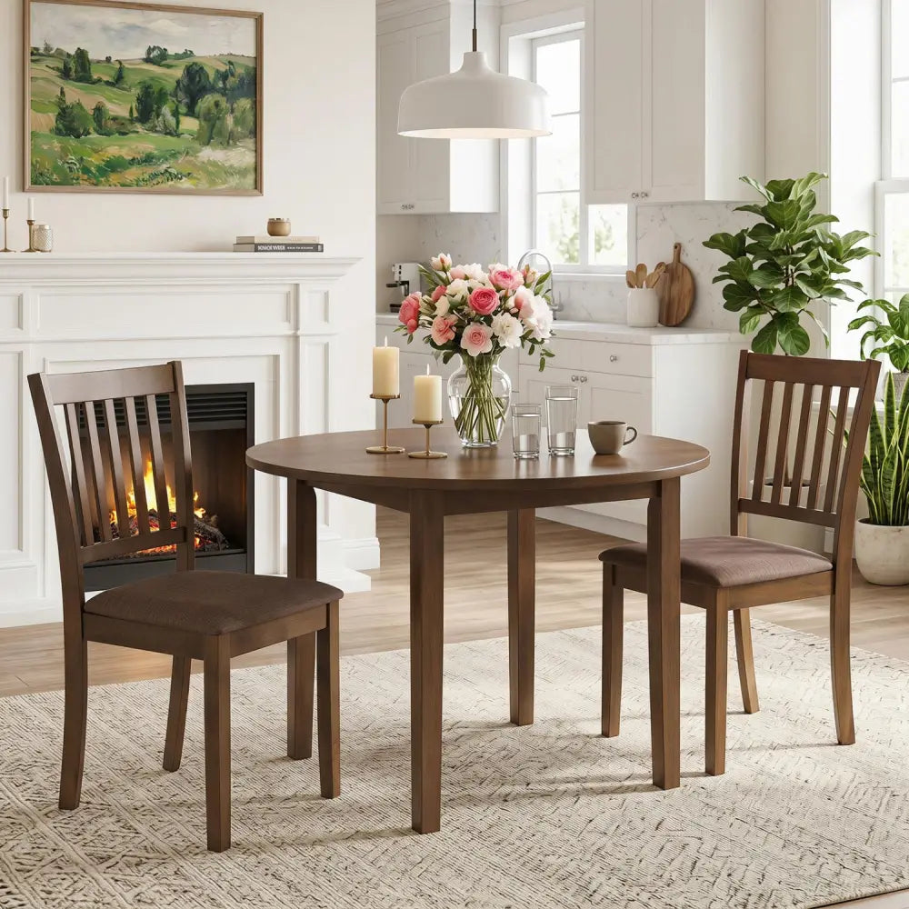 Set of 2 Wooden Dining Chairs Upholstered Kitchen Chairs with Rubber Wood Frame-Brown - Brown - Dining Chairs