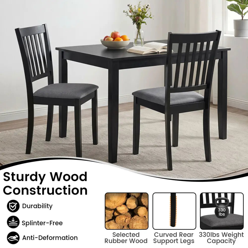 Set of 2 Wooden Dining Chairs Upholstered Kitchen Chairs with Rubber Wood Frame-Black - Black - Dining Chairs