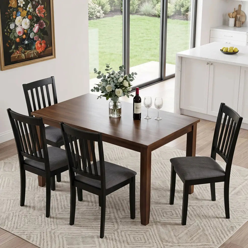 Set of 2 Wooden Dining Chairs Upholstered Kitchen Chairs with Rubber Wood Frame-Black - Black - Dining Chairs