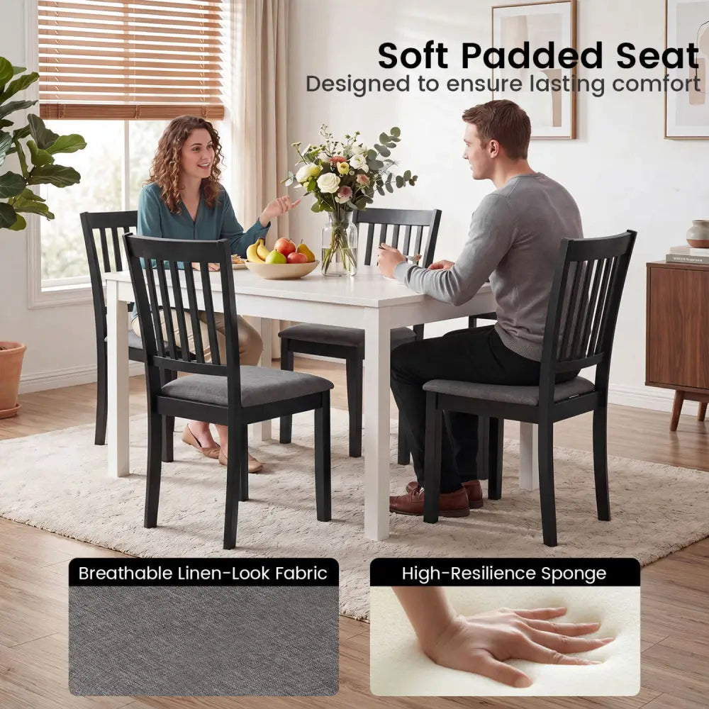 Set of 2 Wooden Dining Chairs Upholstered Kitchen Chairs with Rubber Wood Frame-Black - Black - Dining Chairs