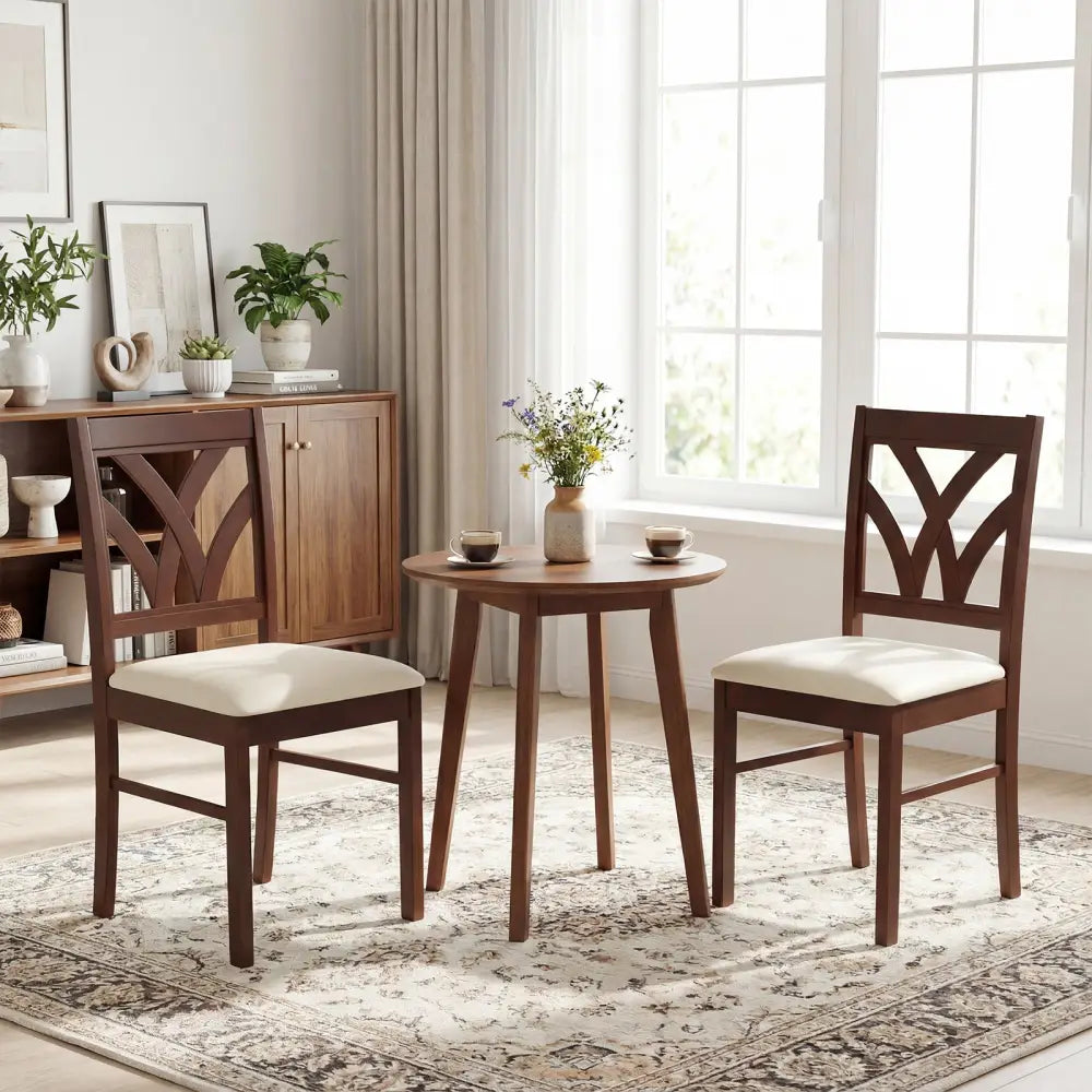 Set of 2 Wooden Dining Chairs Upholstered with Hollowed Backrest and Soft Padded Seat-Brown - Brown - Dining Chairs