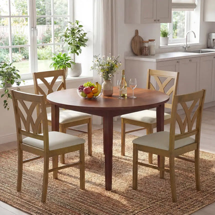 Set of 2 Wooden Dining Chairs Upholstered with Hollowed Backrest and Soft Padded Seat-Oak - Oak - Dining Chairs