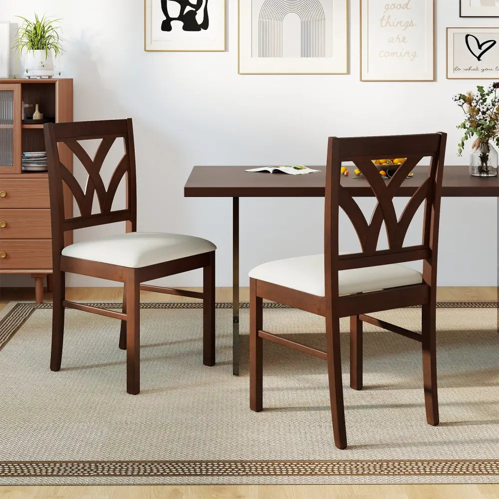 Set of 2 Wooden Dining Chairs Upholstered with Hollowed Backrest and Soft Padded Seat-Brown - Brown - Dining Chairs