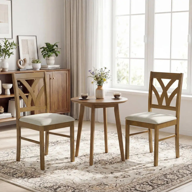Set of 2 Wooden Dining Chairs Upholstered with Hollowed Backrest and Soft Padded Seat-Oak - Oak - Dining Chairs