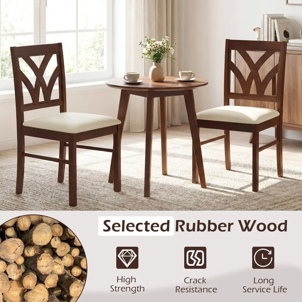 Set of 2 Wooden Dining Chairs Upholstered with Hollowed Backrest and Soft Padded Seat-Brown - Brown - Dining Chairs