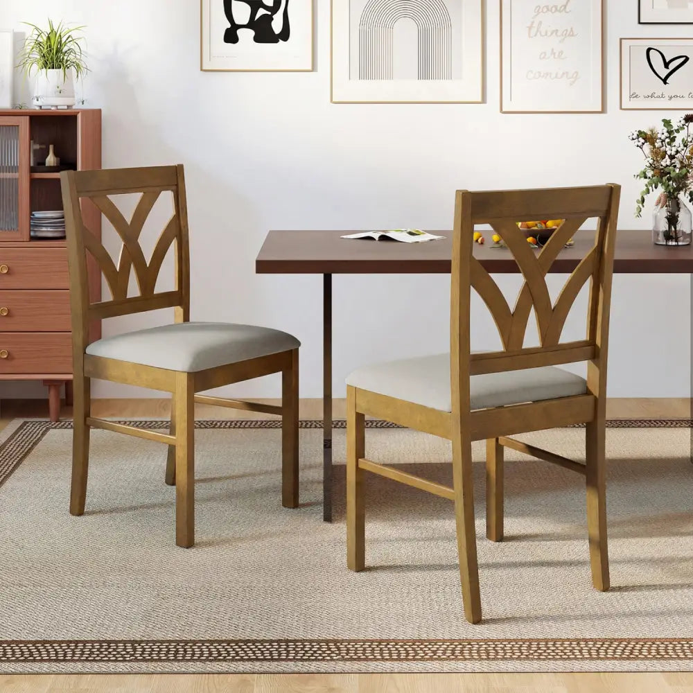 Set of 2 Wooden Dining Chairs Upholstered with Hollowed Backrest and Soft Padded Seat-Oak - Oak - Dining Chairs